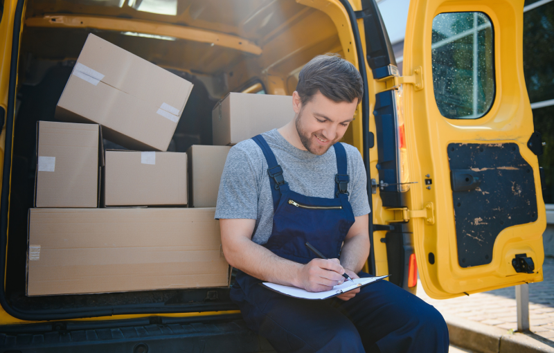 The courier brought the delivery of the box to the client. Courier service employee in uniform<br />